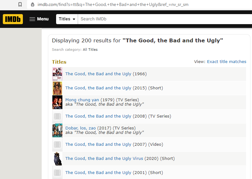 Search results page for ‘The Good, The Bad and the Ugly’ on IMDb