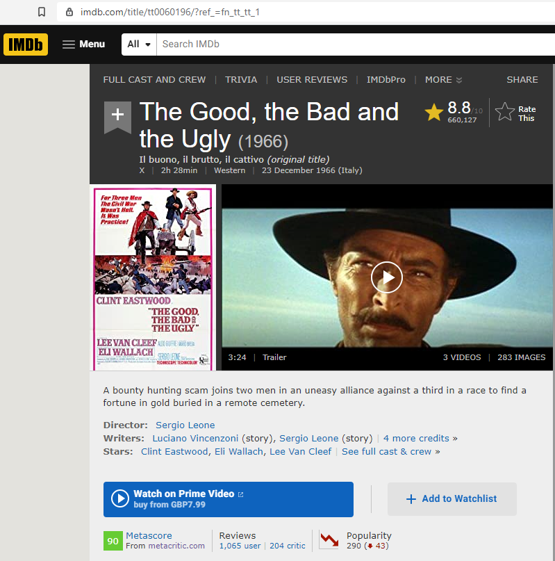 IMDb page for ‘The Good, The Bad and the Ugly’ (1966)