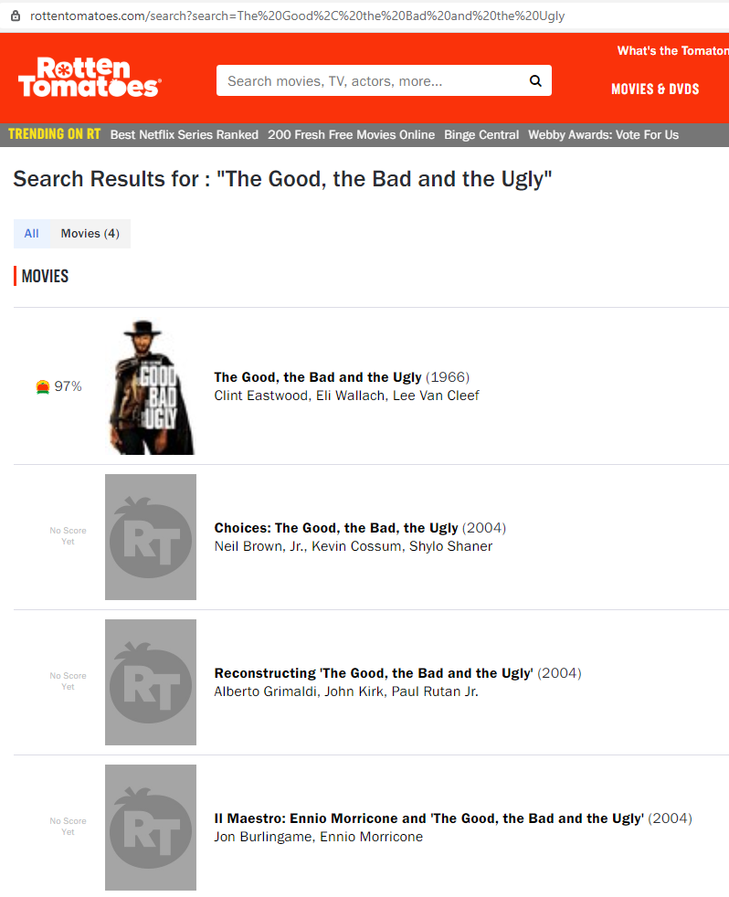 Search results page for ‘The Good, The Bad and the Ugly’ on Rotten Tomatoes