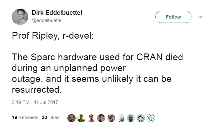 Tweet about CRAN Sparc hardware